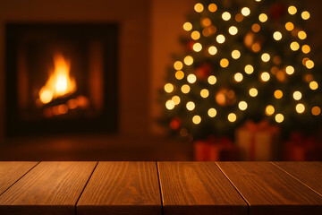 empty home wooden table christmas lights gift box blurry bokeh effect background hearth fire place festive holiday decor kitchen house backdrop cozy living cooking and gathering product showcase art