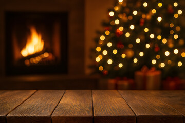 empty home wooden table christmas lights gift box blurry bokeh effect background hearth fire place festive holiday decor kitchen house backdrop cozy living cooking and gathering product showcase art