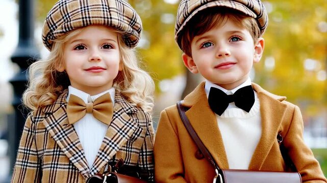Stylish children in vintage autumn fashion, wearing plaid and solid patterned coats with bow ties, against a blurred leafy background, capturing the essence of classic elegance and seasonal charm.