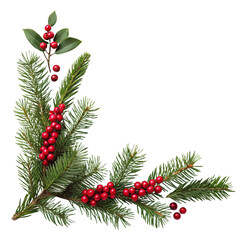 Green Christmas pine twigs and red berries of winterberry holly in a corner arrangement PNG green pine branches with red berries winter holiday decoration nature-themed transparent background image