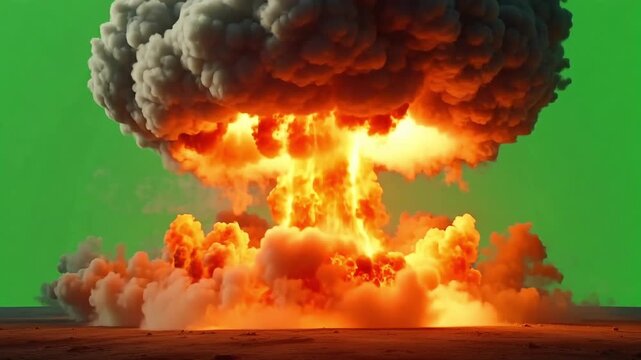 Massive nuclear explosion unleashes immense fiery mushroom cloud against a bright green screen backdrop.