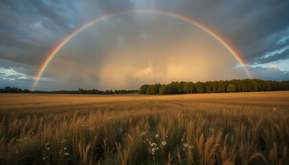 Wide golden wheat field under a vibrant rainbow stretching across a dramatic cloudy sky with lush