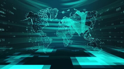 Cyan Digital World Map With Binary Code Overlay global - Powered by Adobe