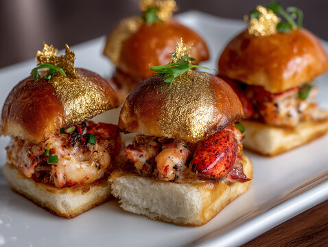 Mini lobster sliders with gold leaf garnish, white plate presentation