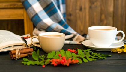 Cozy autumn flat lay with coffee cups book cinnamon sticks and plaid blanket on wooden surface