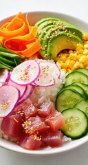 Vibrant poke bowl featuring tuna, avocado, rice, cucumber, radish, carrots, and corn, garnished with sesame seeds