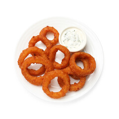 Fried squid rings and sauce isolated on white, top view