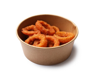 Fried squid rings in cardboard box isolated on white