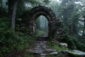 Fototapeta premium Stone portal found in foggy forest passage 