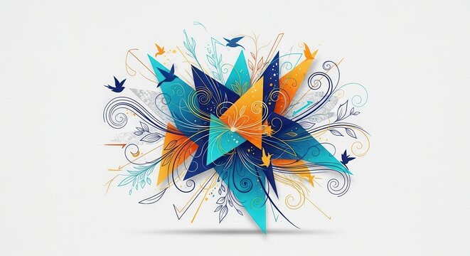 Abstract geometric starburst with swirling flourishes and delicate butterflies in vibrant blue and orange hues