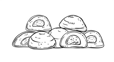 Whole and cutting mochi in various filling black and white vector isolated illustration. Daifuku or wagashi pile. Traditional Asian dessert for packaging, Japanese cuisine, culinary illustration