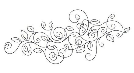 Elegant black and white swirling floral design with delicate leaves and curving vines