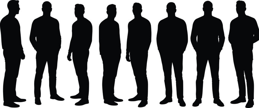 Silhouettes of standing people in row, black outline figures, posture variation, minimal design, generic human shapes, vector illustration, profile view