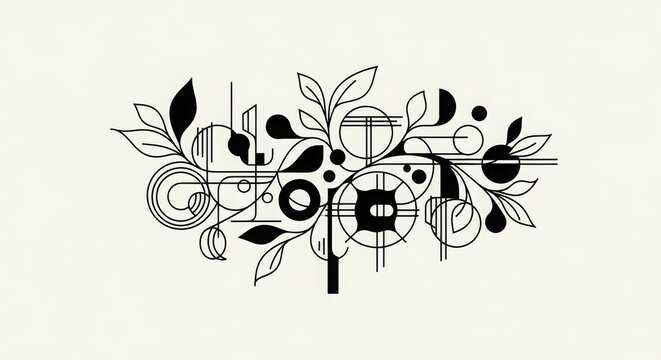 Abstract botanical illustration featuring intricate linework geometric shapes and organic leaf motifs in a balanced composition