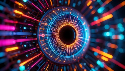 Abstract digital eye with glowing neon light trails and circuit patterns representing artificial intelligence and futuristic technology