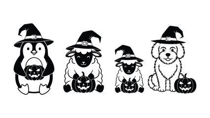 Spooky friends celebrating Halloween: A cheerful group of animals, adorned in whimsical witch hats and clutching jack-o'-lanterns, come together to celebrate the spookiest time of year.