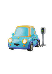 A cute, cartoon-style electric car is plugged into a charging station, symbolizing sustainable transportation.