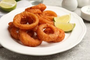 Fried squid rings and lime on grey table, closeup