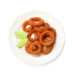 Fried squid rings and lime isolated on white, top view