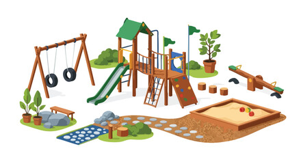 Whimsical Illustration of a Vibrant Playground with Diverse Play Structures and Lush Greenery for Child-Friendly Fun