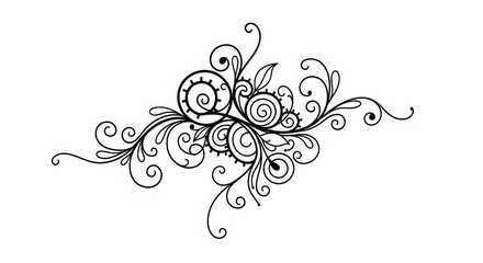 Elegant black swirling floral swirls and scrolls design element with delicate leaf motifs