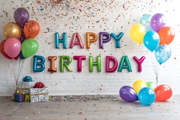Colorful Birthday Balloons  Confetti Party Background