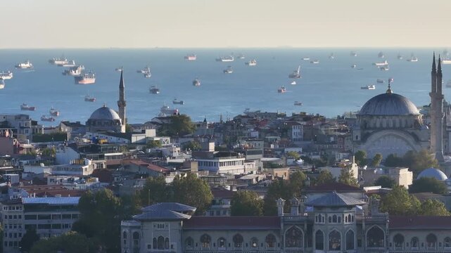 Hagia Sophia and Blue Mosque Ramadan Background Drone Video, Eminonu Istanbul, Turkiye (Turkey)