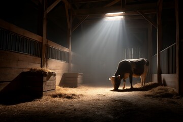 Silhouette of a Cow Being Milked in a Barn at Dusk