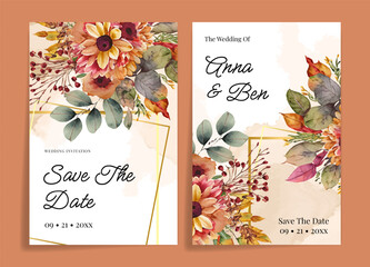 Elegant floral wedding invitation card design with golden frame