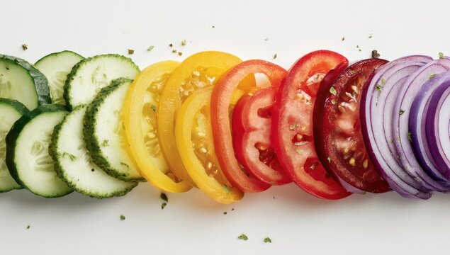 Vibrant rainbow of thinly sliced cucumbers, yellow tomatoes, red tomatoes, and red onions arranged on a white background, seasoned with herbs - Powered by Adobe
