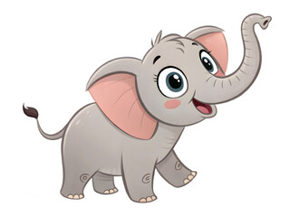Fototapeta premium Cute cartoon baby elephant with big eyes and trunk raised