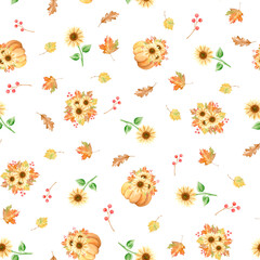 Beautiful autumn pumpkins and sunflowers seamless pattern. Watercolor orange pumpkin, autumn composition, leaves and berries on a white background. Botanical Thanksgiving print
