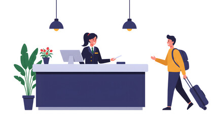 A hotel receptionist provides efficient customer service and hospitality during guest check-in, illustrating a smooth travel experience