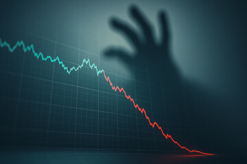 Economic Downturn: A visual representation of a financial crisis with a red declining graph and a grasping shadow.