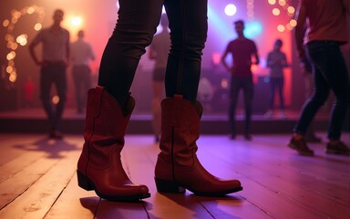 Close up of legs in cowboy boots dancing on wooden floor at lively country event, surrounded by colorful lights and joyful atmosphere. High quality
