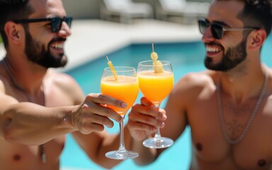 Close up of male friends toasting with cocktails at poolside in summer day. High quality