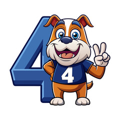 Playful Bulldog Character with Number Four | Cute Animal Numbers Vector Illustration for Kids Learning, Nursery Wall Art, Children Book