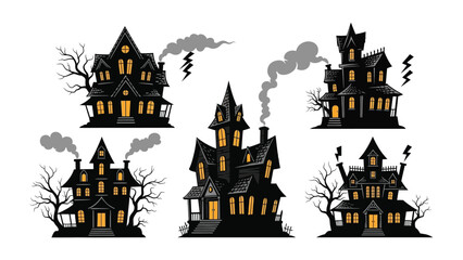 Spooky Haunted Mansion Silhouette: Five foreboding silhouette illustrations of haunted mansions, exuding an eerie atmosphere perfect for Halloween, with stylized dark hues and stylized dark hues.