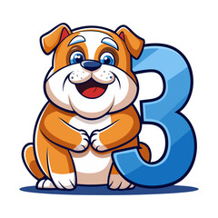 Playful Bulldog Character with Number Three | Cute Dog Cartoon Illustration for Kids Learning, Nursery, Preschool Education, Children’s Book Design