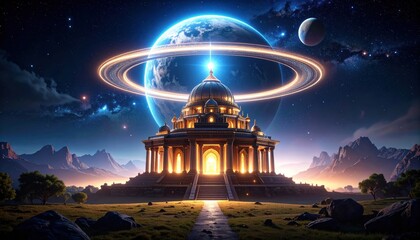Fantasy Palace in Space with Earth, Rings, Stars, and Night Sky.