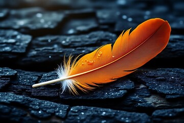  a single, vibrant orange feather with intricate patterns lies on a dark, rough, textured surface
