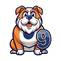 Playful Bulldog Character with Big Number Nine | Cute Animal Cartoon Illustration for Kids Learning Numbers, Nursery, Preschool, Children’s Books