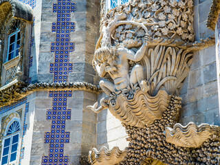 Sintra, Portugal - July 8 2025: The beautiful decorated windows of Pena Palace in Sintra, Portugal