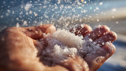 Fototapeta premium Close-up of a hand cupping freshly fallen snow, with glittering crystals dispersing into the bright sunlight