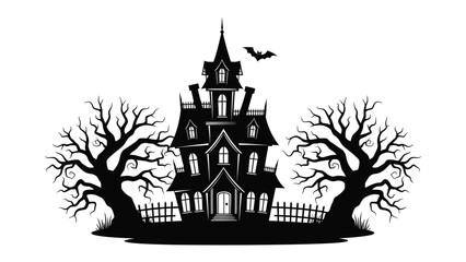 Spooky Silhouette House: A gothic haunted house silhouette stands against a haunting ambiance, accompanied by bare trees, inviting a touch of horror and mystery.