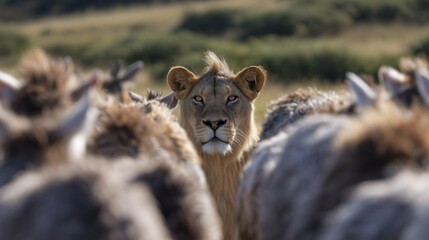 Fototapeta premium Lioness stalking prey in the wild savanna nature photography close-up perspective on wildlife