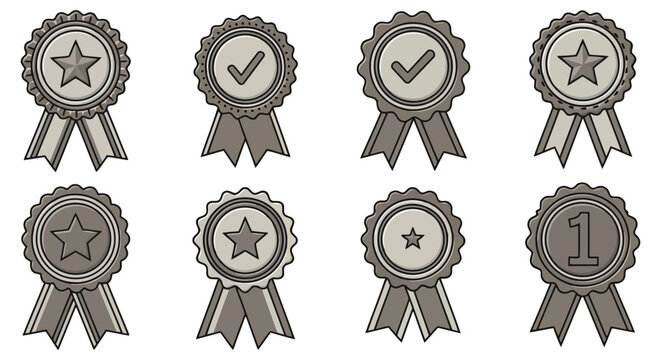 Collection of eight distinctive award ribbons and medals recognizing achievement and excellence vector