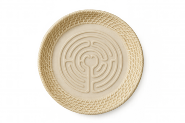 Intricately carved wooden heart-shaped maze winding through circular straw tray, symbolizing life's complex emotional pathways