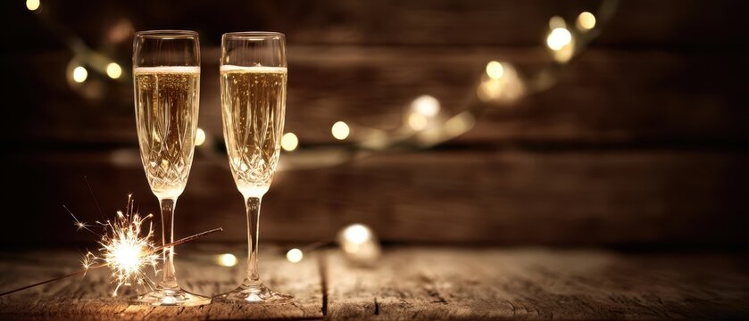 The sparkling champagne glasses ready for a festive celebration with sparklers.