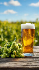 Refreshing Golden Beer in a Tall Glass with Fresh Hops and Blurred Green Field Background graphic